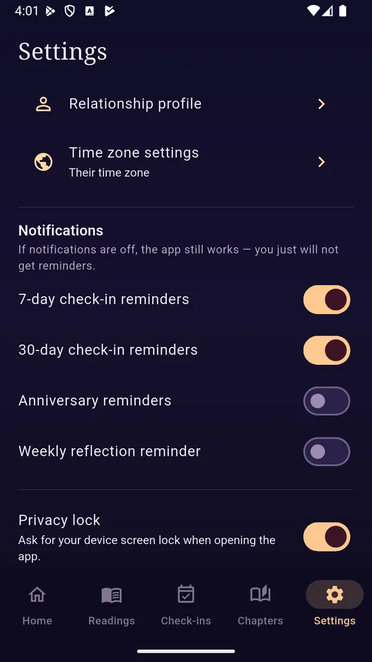 Settings screen with optional privacy lock enabled