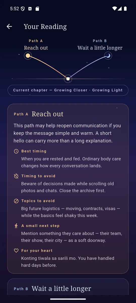 NextChapterLoveの恋愛の選択肢を示す鑑定結果画面（開発中）