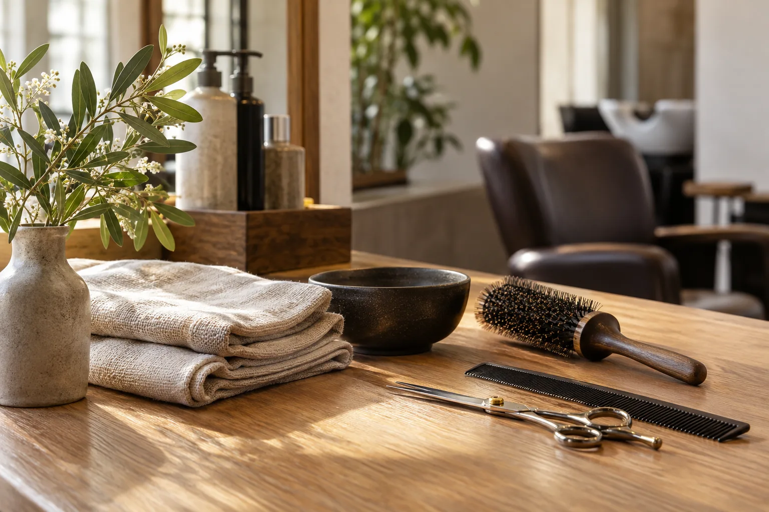 木の台に整えたヘアケア用品と道具